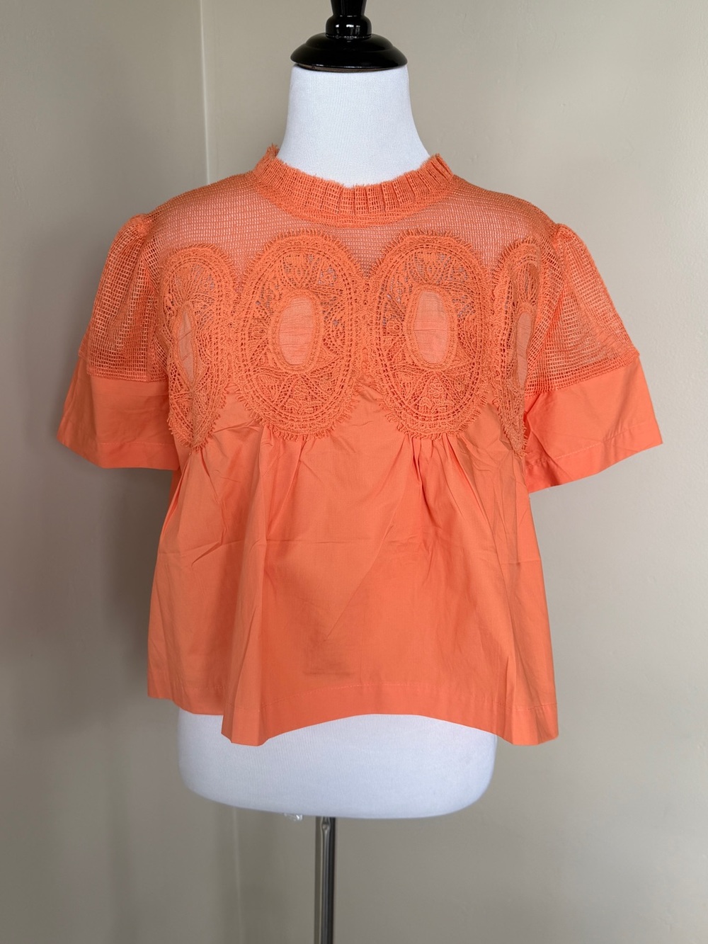 Amazon Orange Crochet Yoke Short Sleeve Blouse